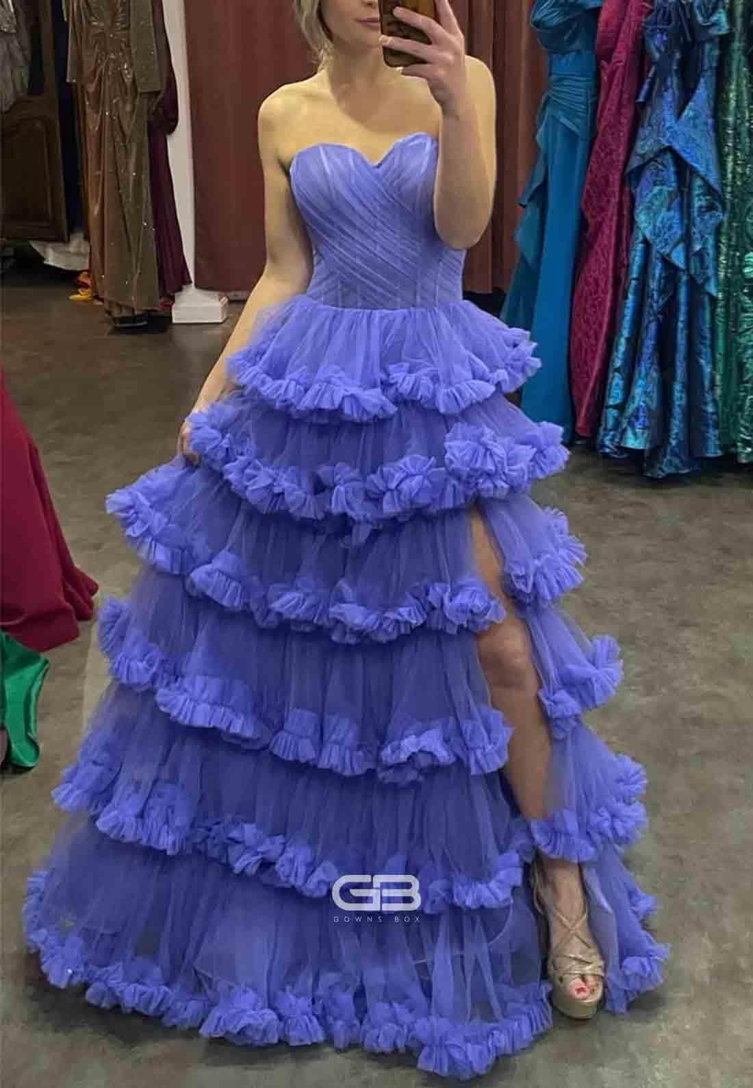 Sweetheart Periwinkle Floor-Length Ruffle Tiered Side Slit Long Prom Dress