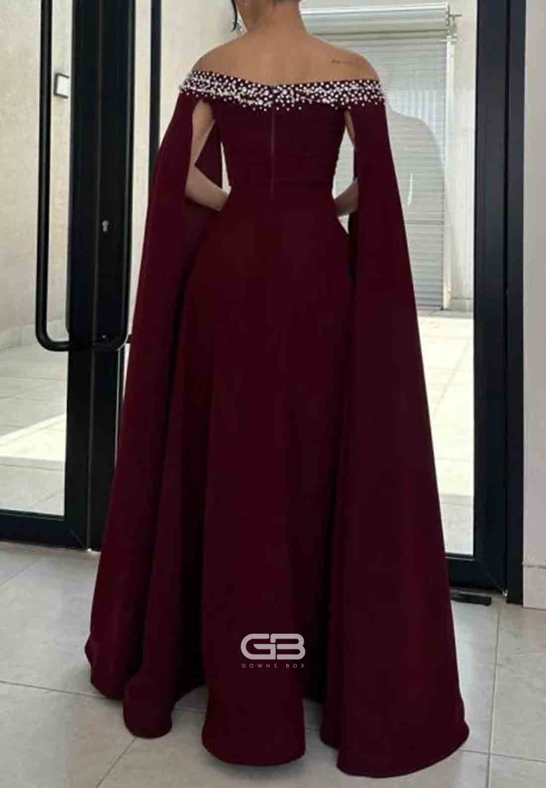 Cabernet Off the Shoulder A-Line Floor-Length Evening Gowns with Beading