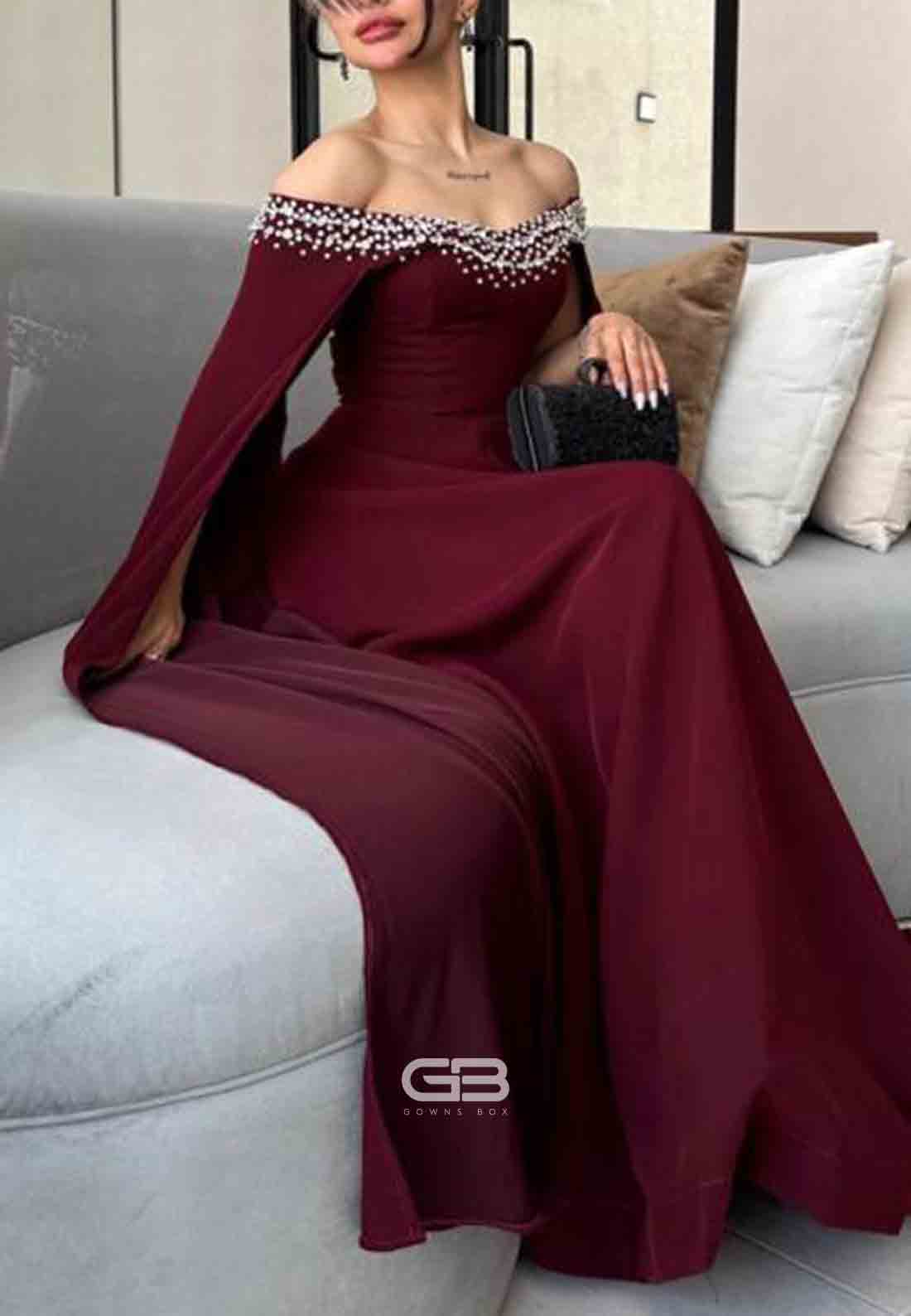 Cabernet Off the Shoulder A-Line Floor-Length Evening Gowns with Beading