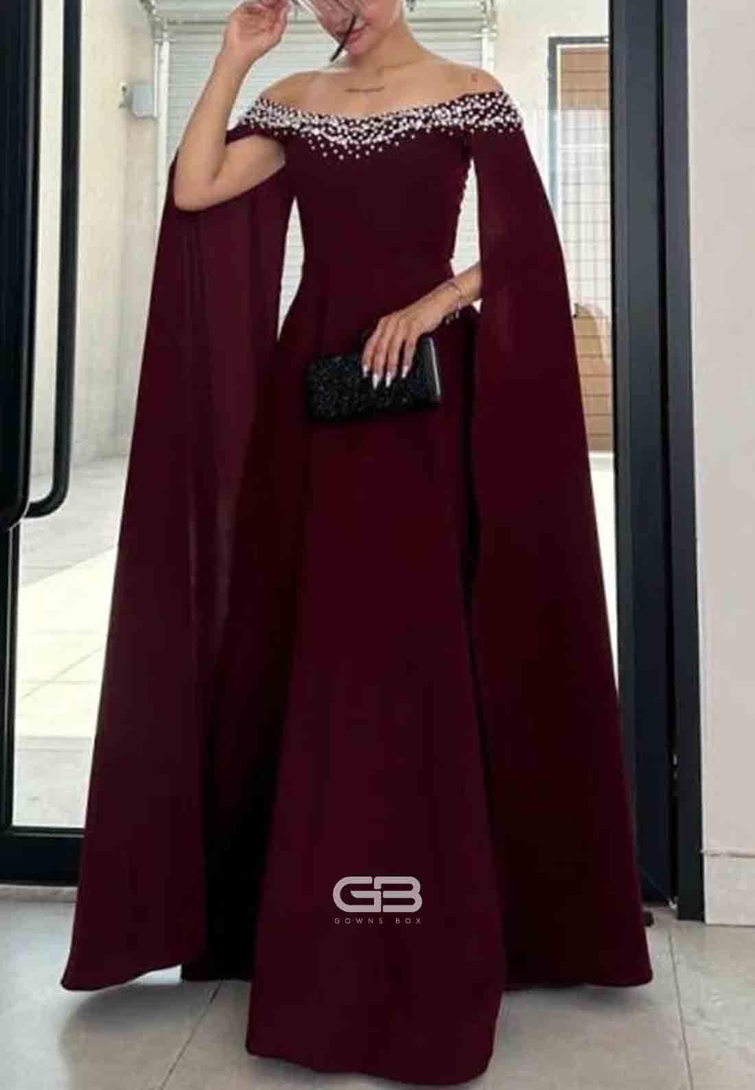 Cabernet Off the Shoulder A-Line Floor-Length Evening Gowns with Beading