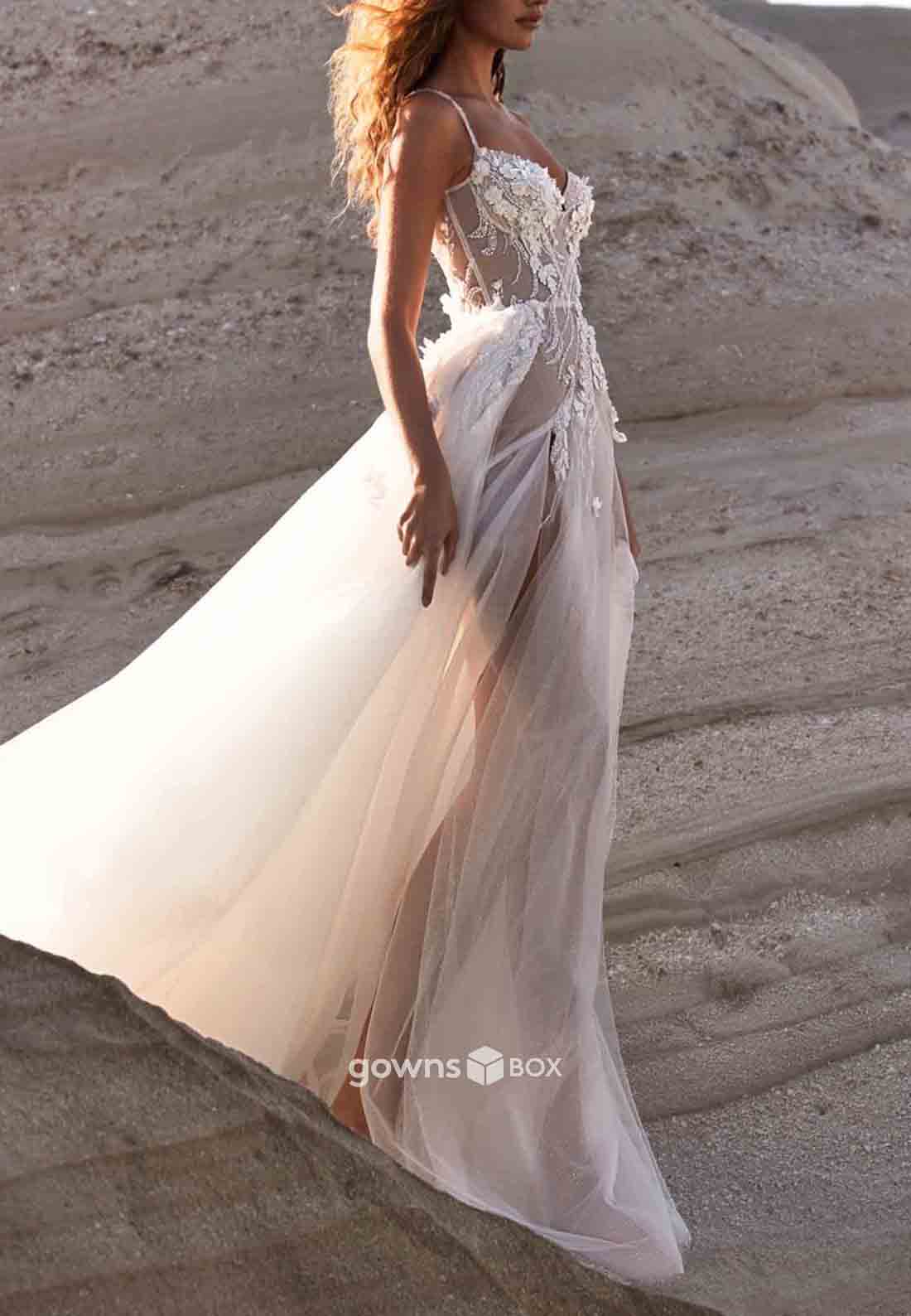 High Slit V-Neck Sleeveless Sweep Train A-Line Tulle Beach Wedding Dresses-GownsBox