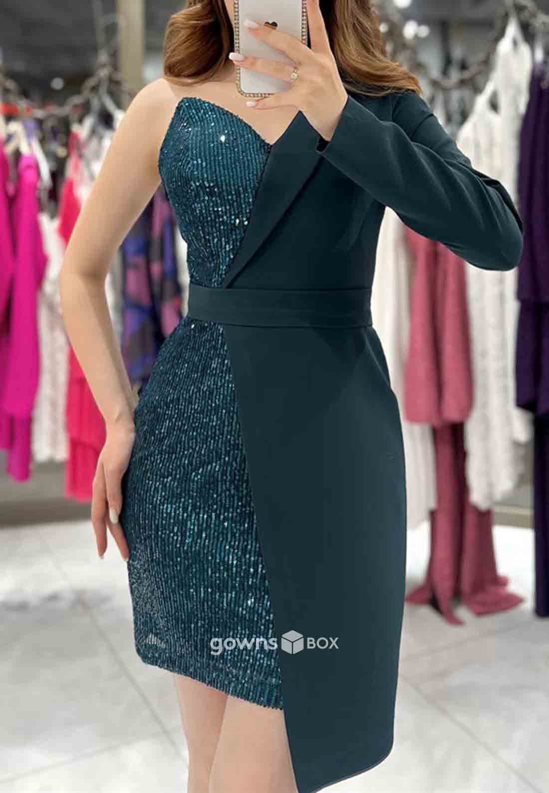 Asymmetrical One Shoulder V-Neck Beading Short Homecoming Dresses-GownsBox