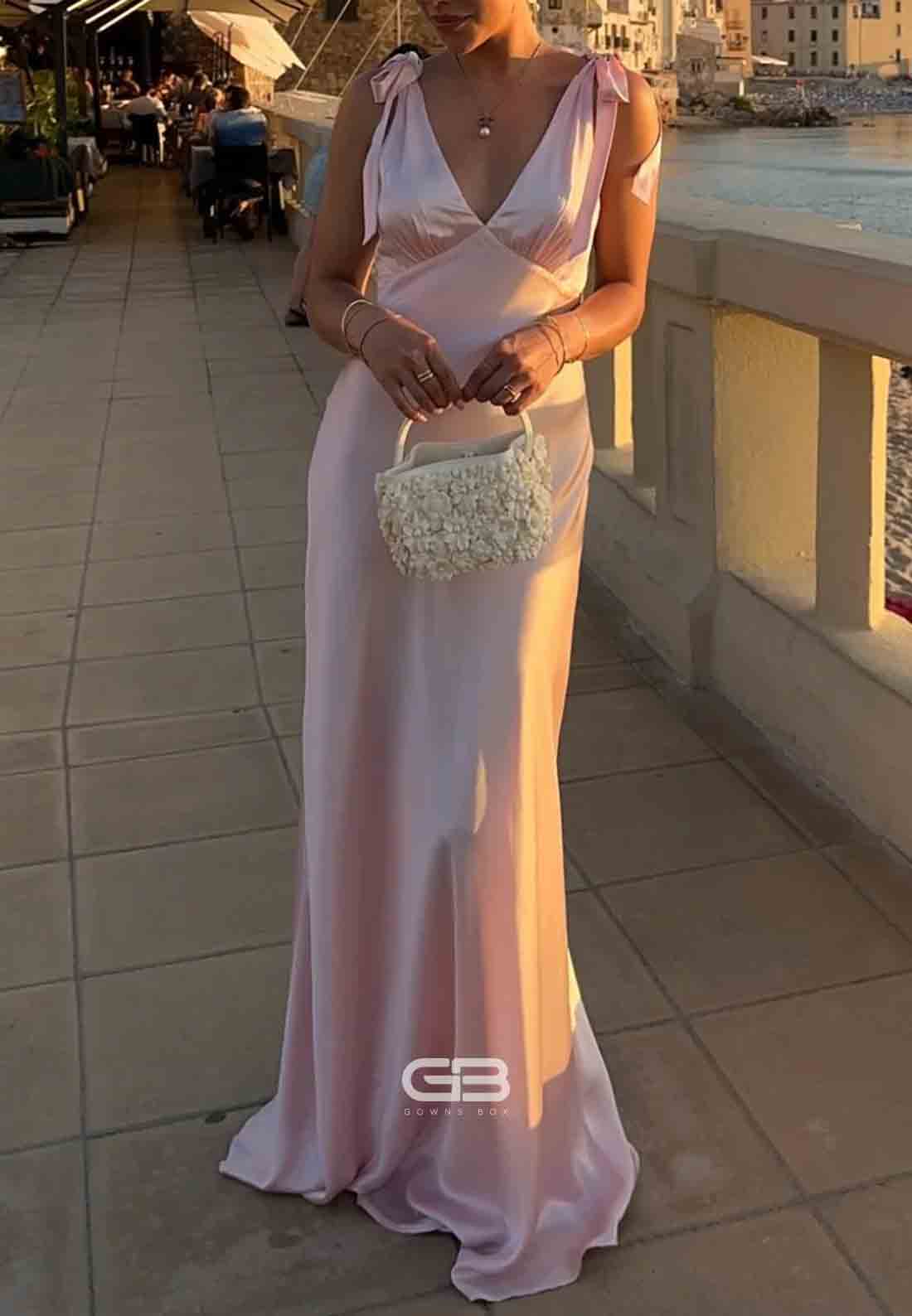 Tie Straps V-Neck Baby Pink Ruched V Back Bust Long Prom Dress