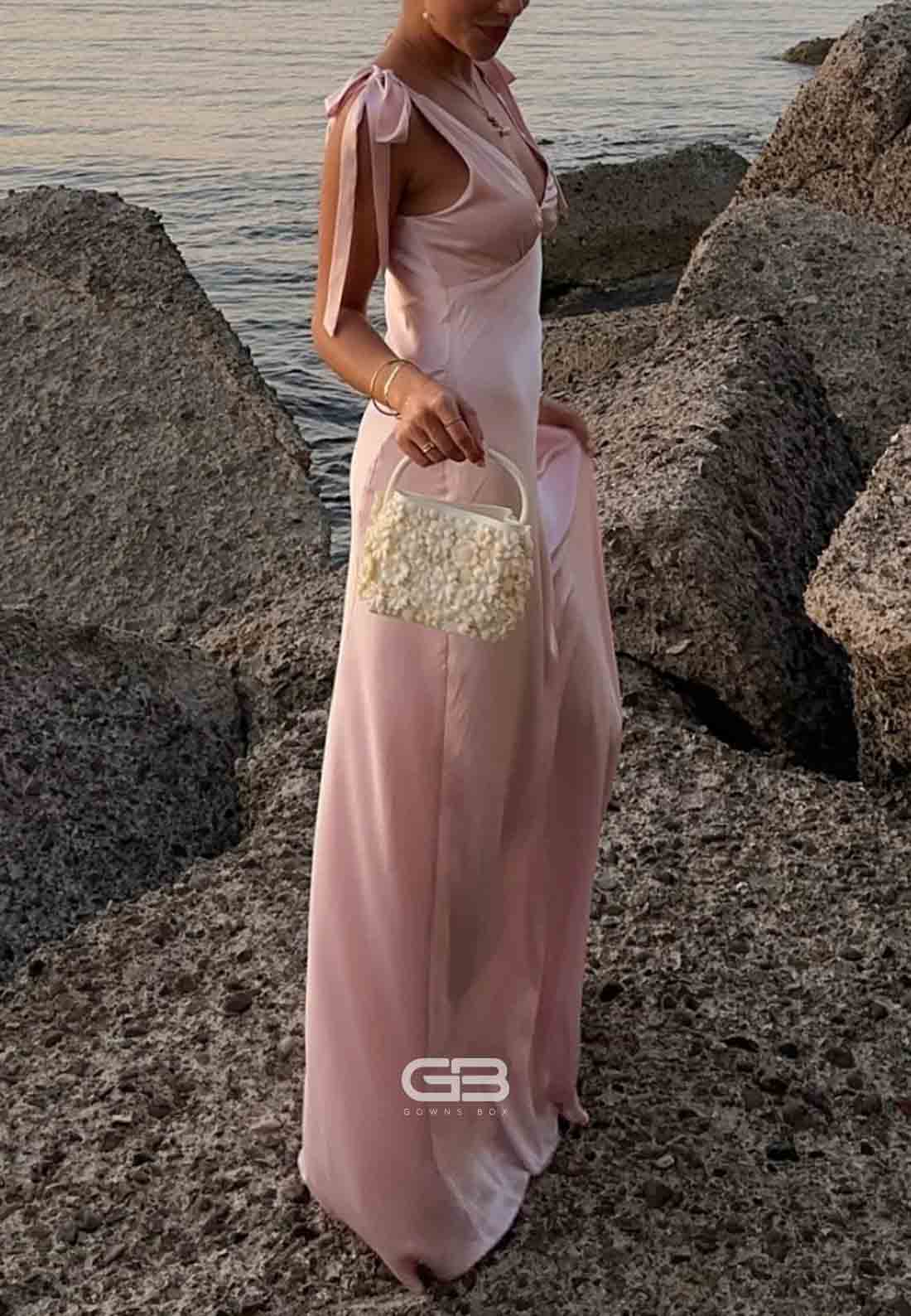 Tie Straps V-Neck Baby Pink Ruched V Back Bust Long Prom Dress 