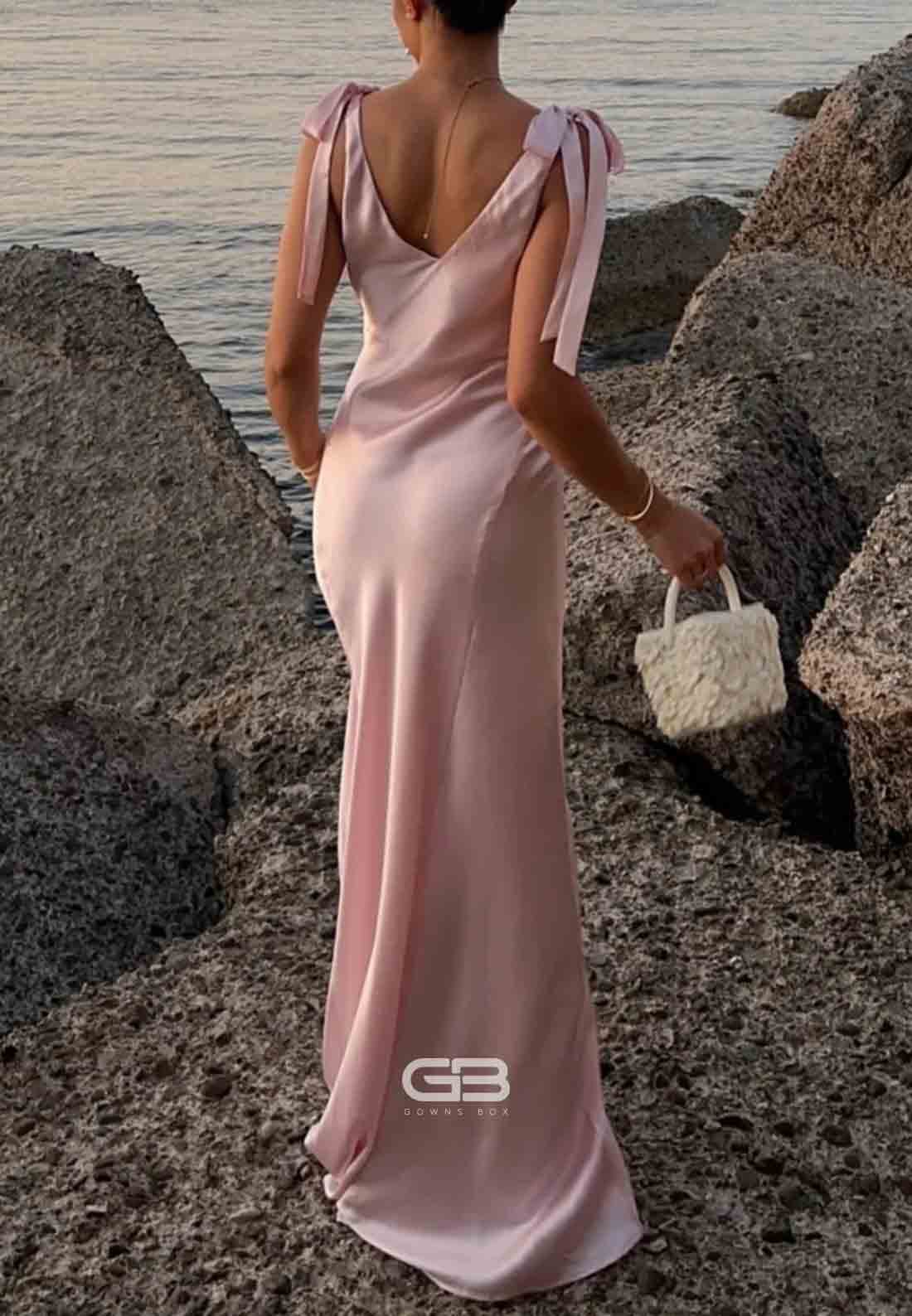 Tie Straps V-Neck Baby Pink Ruched V Back Bust Long Prom Dress 