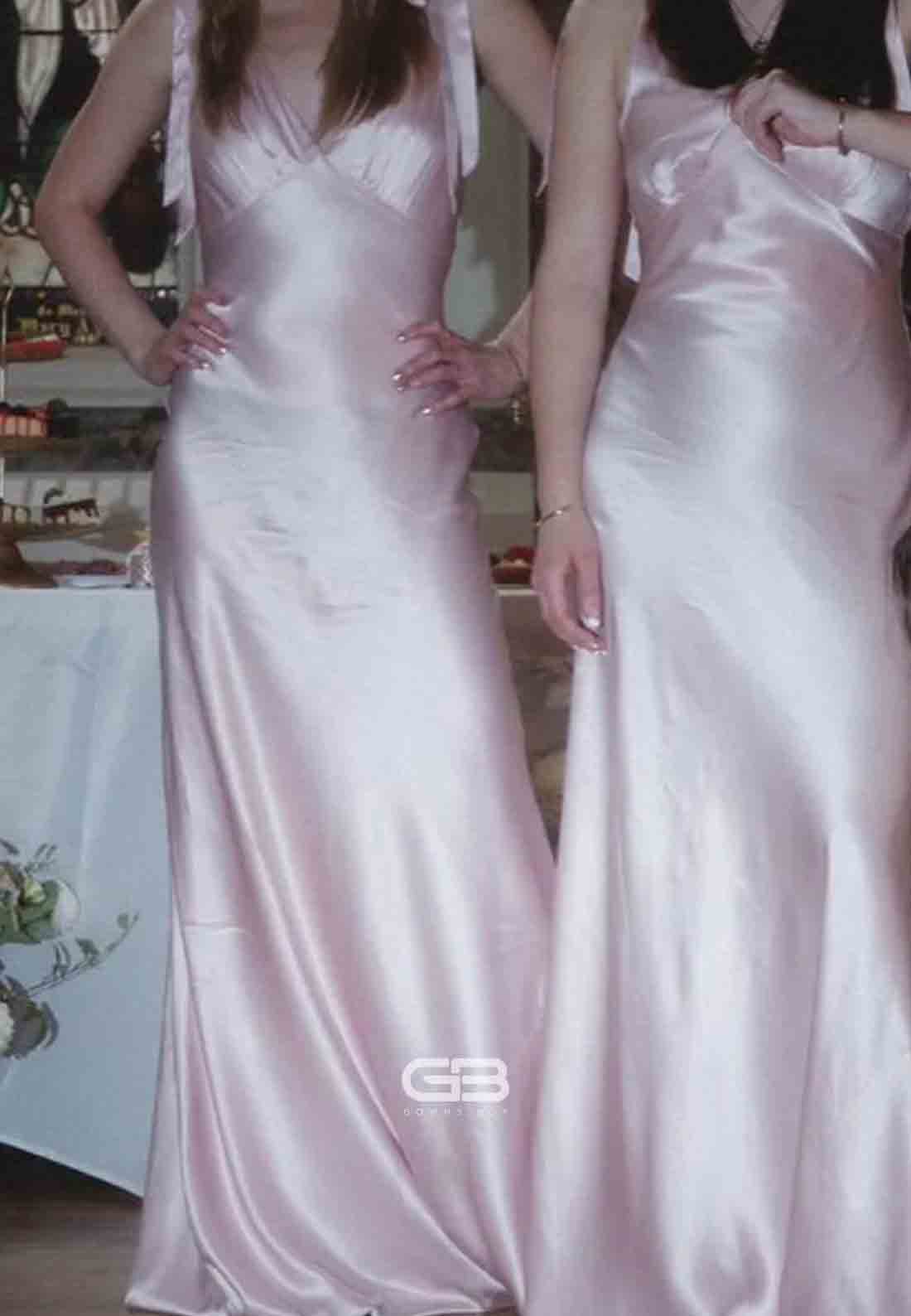 Tie Straps V-Neck Baby Pink Ruched V Back Bust Long Prom Dress 