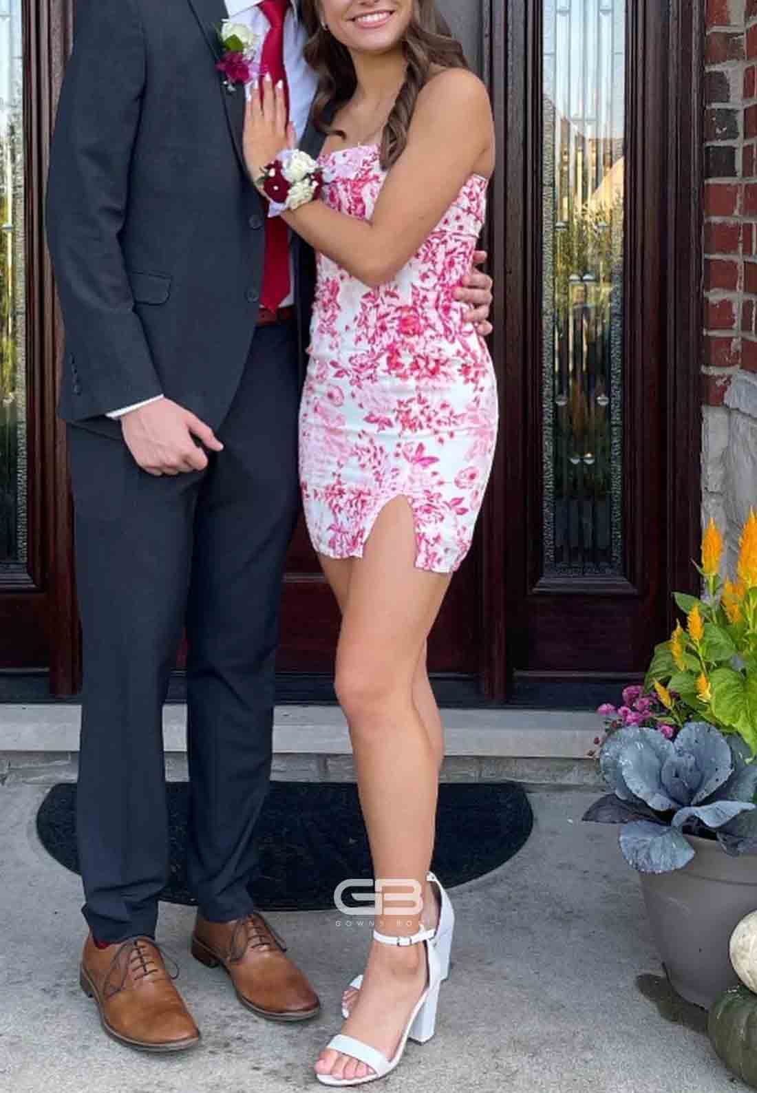 Touching Sheath Strapless Side Slit Floral Printed Short Homecoming Dress