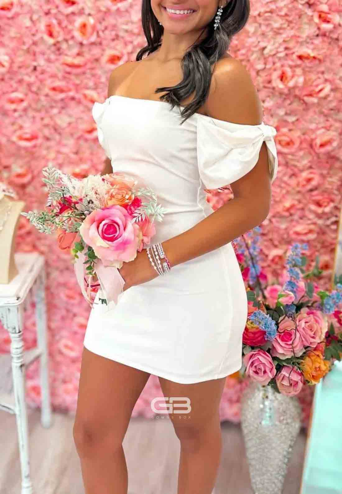 Trendy Sheath Off the Shoulder White Short Homecoming Dress with Bowknot 