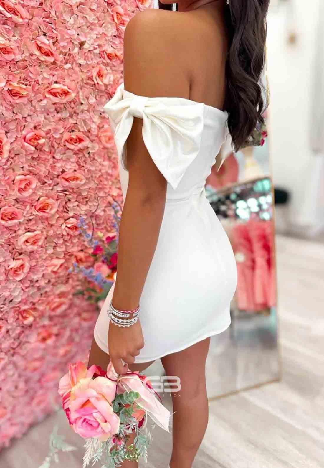 Trendy Sheath Off the Shoulder White Short Homecoming Dress with Bowknot 