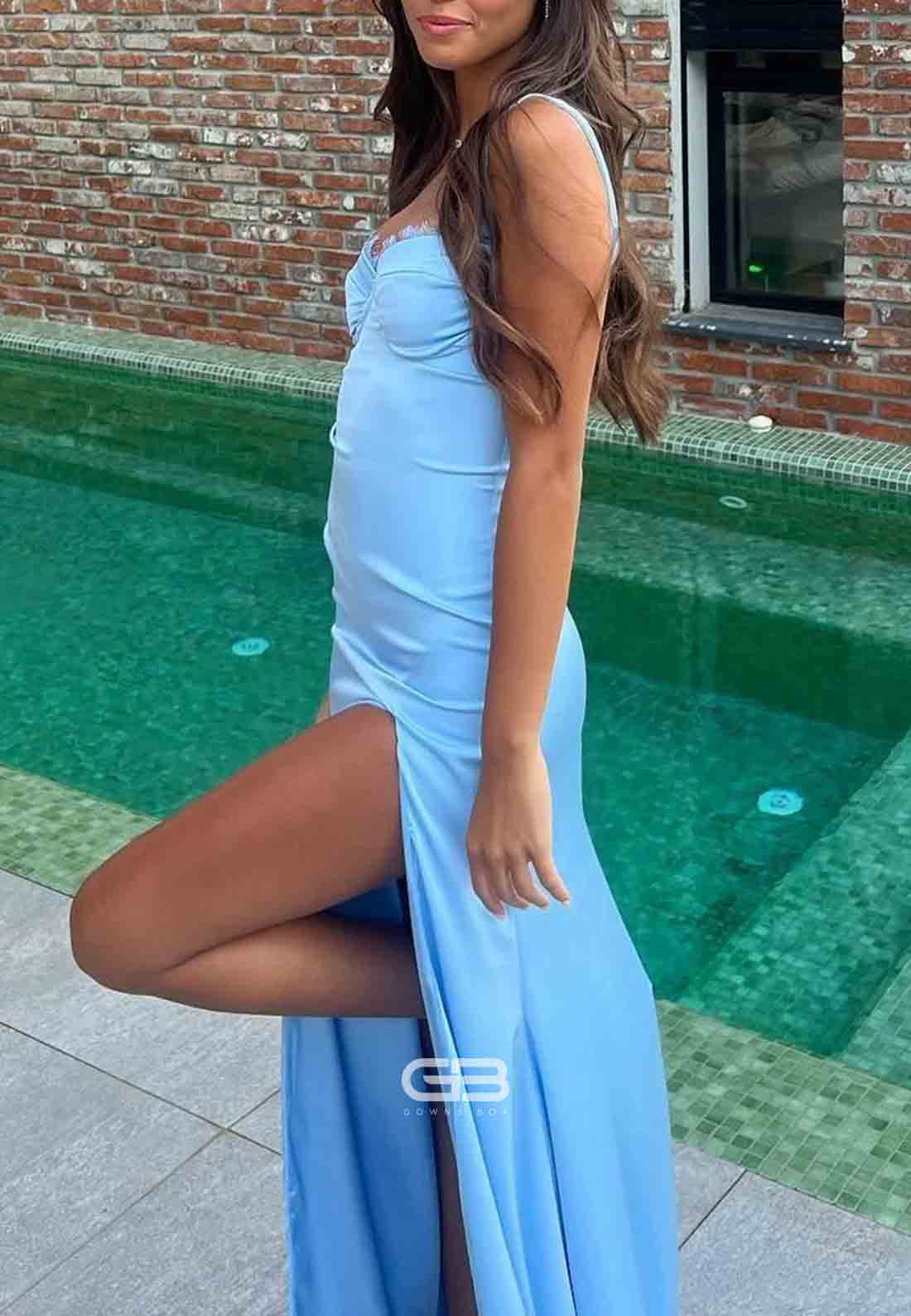 Trendy Regular Straps Sheath Sweetheart Blue Long Prom Dress with Side Slit