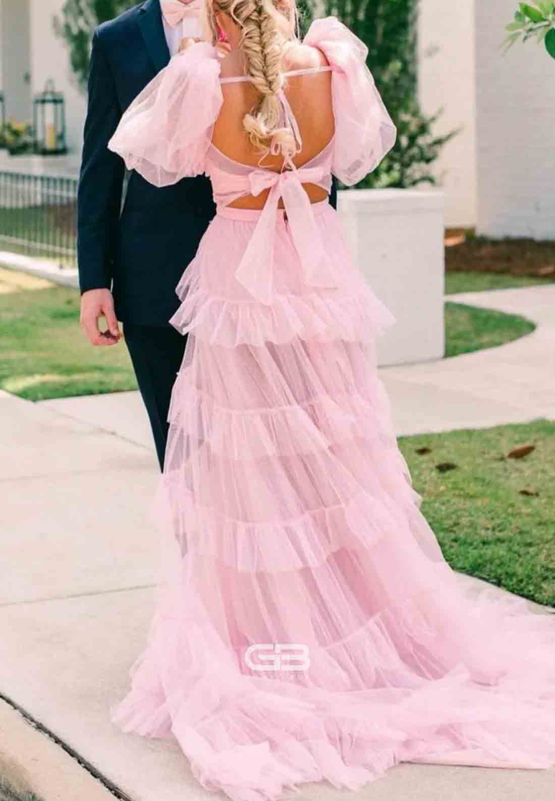 Two-Piece Pink Ruffle Puff Sleeves Tiered A-line Long Dress