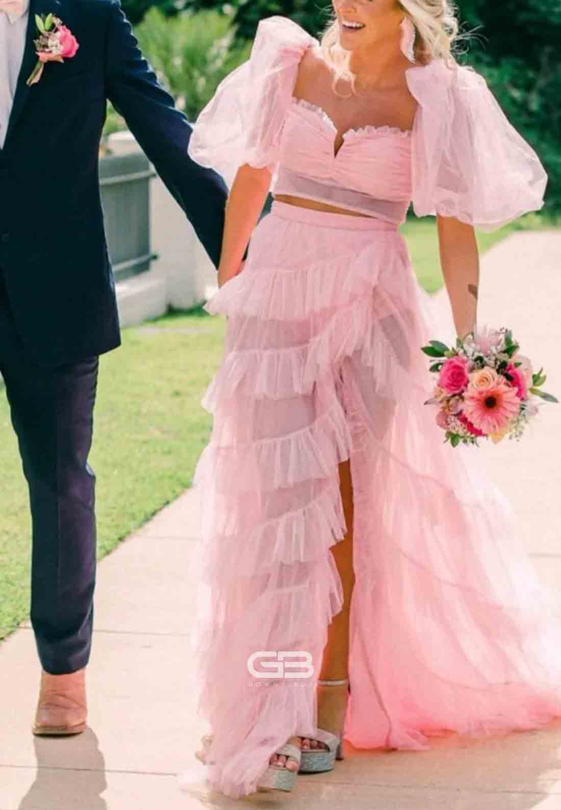 Two-Piece Pink Ruffle Puff Sleeves Tiered A-line Long Dress