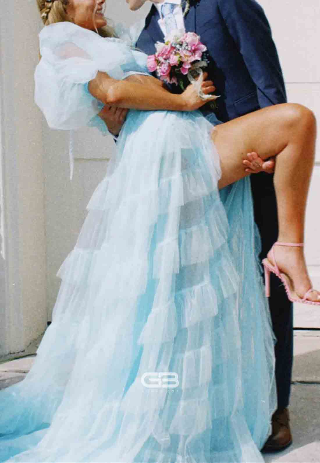 Two-Piece Pink Ruffle Puff Sleeves Tiered A-line Long Dress