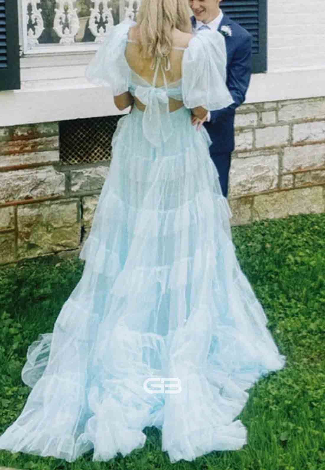 Two-Piece Pink Ruffle Puff Sleeves Tiered A-line Long Dress