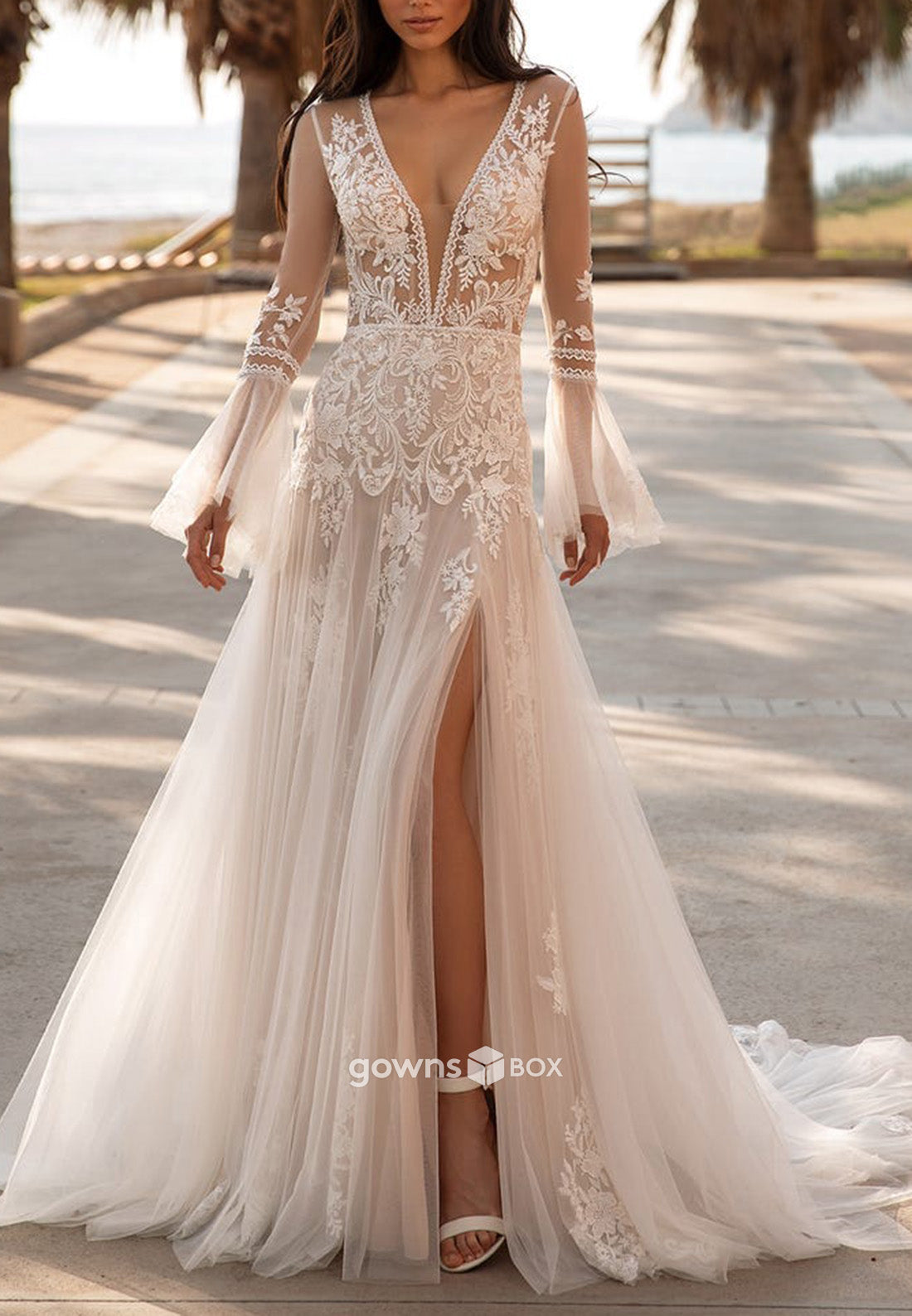 Bell Sleeves Lace High Slit A-Line Sweep Train V-Neck Vintage Wedding Dresses-GownsBox