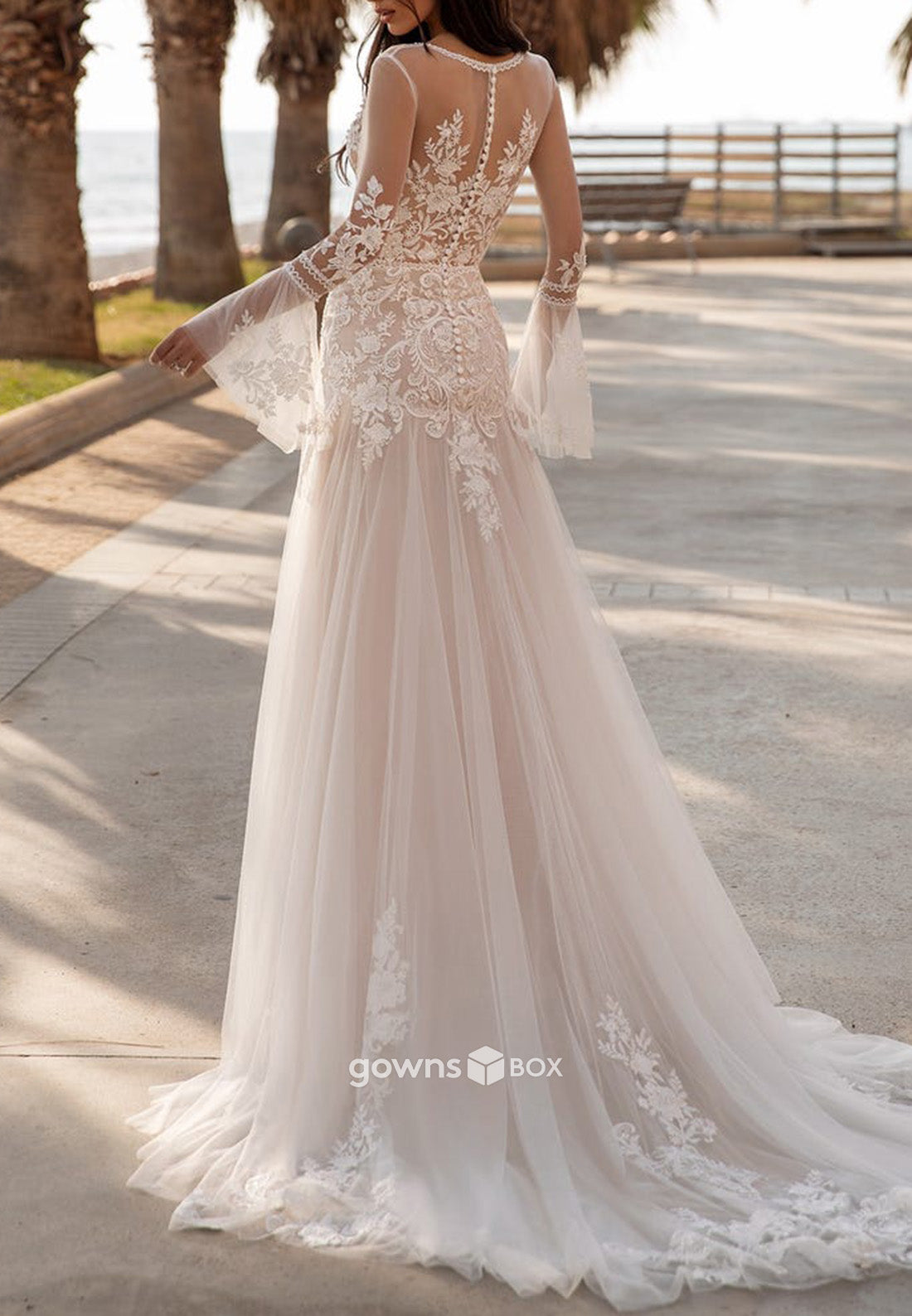 Bell Sleeves Lace High Slit A-Line Sweep Train V-Neck Vintage Wedding Dresses-GownsBox