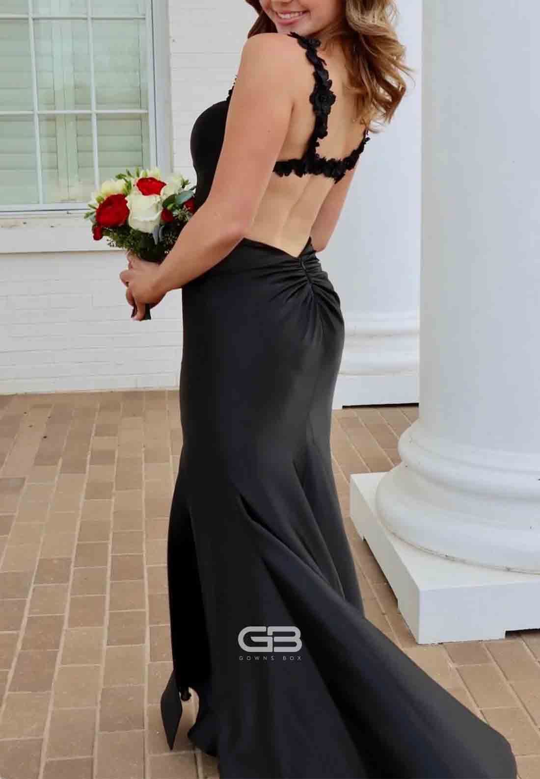 Satin 3D Floral Satin Cut out Back Shoulder Flower Mermaid Long Prom Dress 
