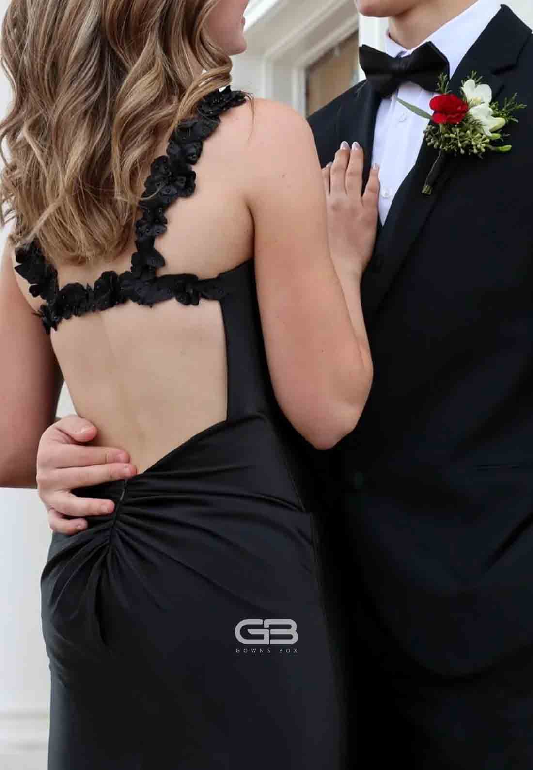 Satin 3D Floral Satin Cut out Back Shoulder Flower Mermaid Long Prom Dress 