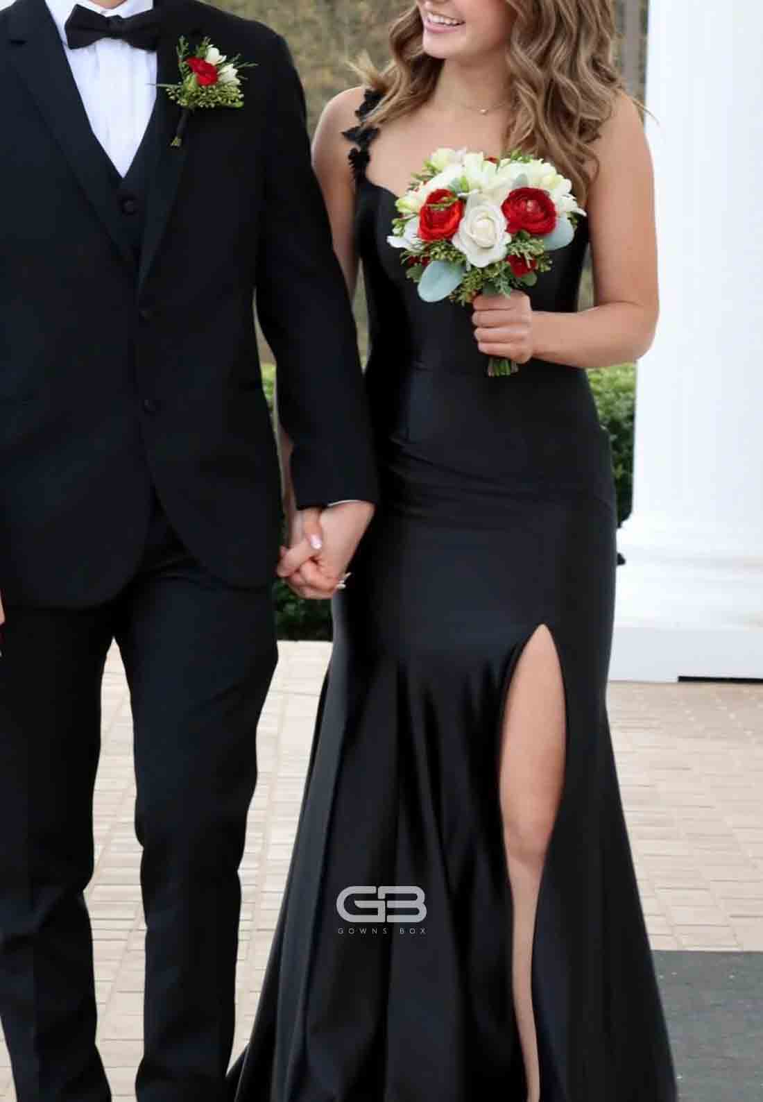 Satin 3D Floral Satin Cut out Back Shoulder Flower Mermaid Long Prom Dress 