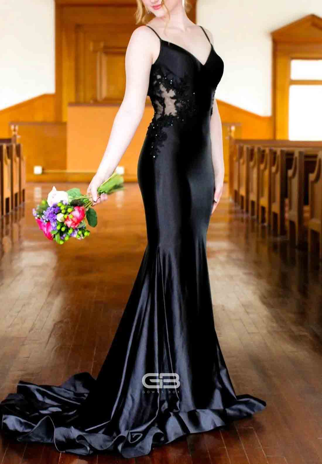 V-Neck Ice Blue Spaghetti Straps Appliques Mermaid Long Prom Dress