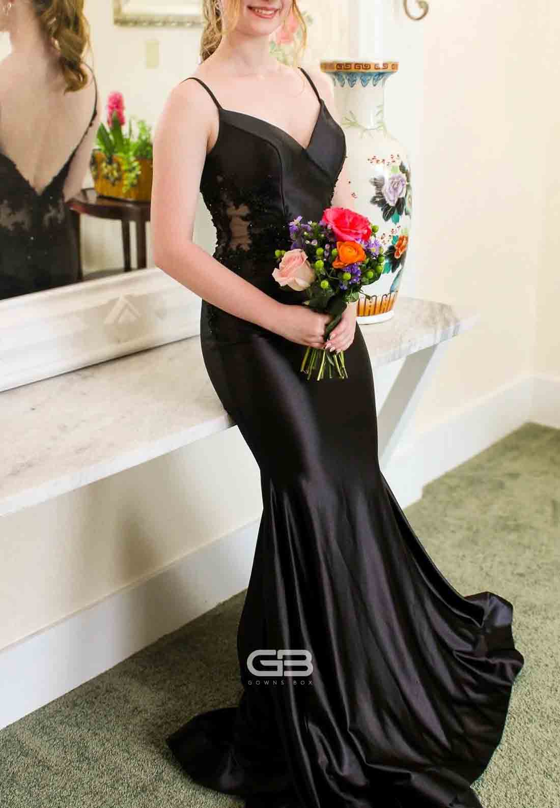 V-Neck Ice Blue Spaghetti Straps Appliques Mermaid Long Prom Dress