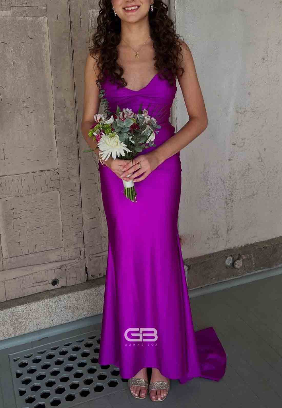 V-neck Purple Lace-up Ruched Mermaid Long Prom Dress