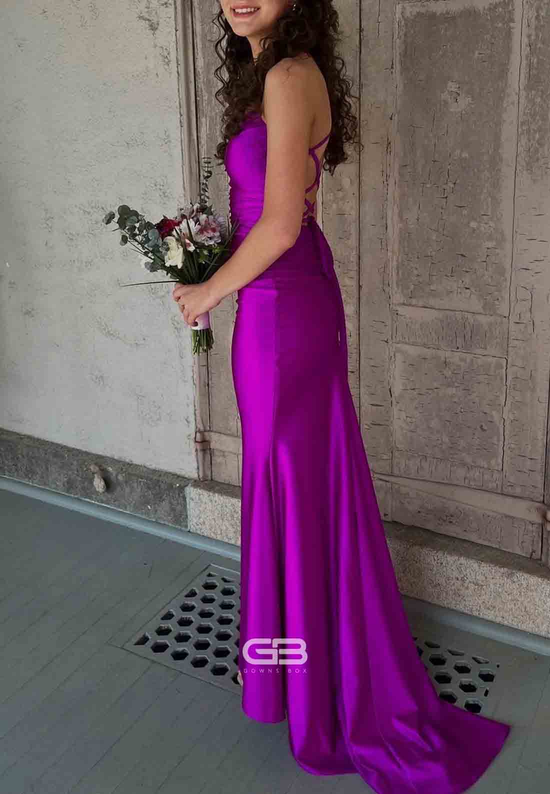 V-neck Purple Lace-up Ruched Mermaid Long Prom Dress