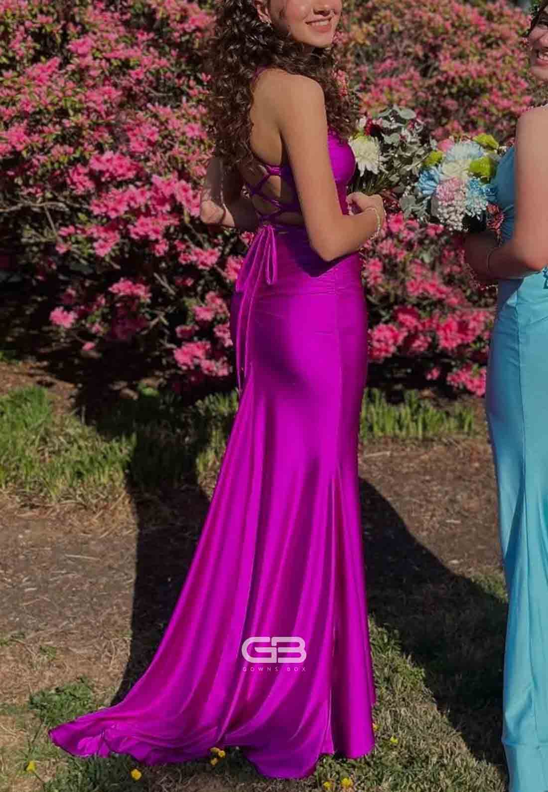 V-neck Purple Lace-up Ruched Mermaid Long Prom Dress