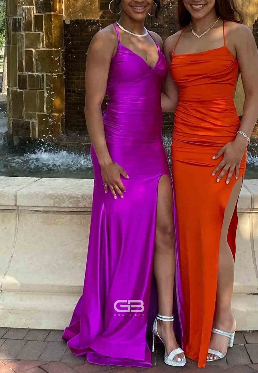 V-neck Purple Lace-up Ruched Mermaid Long Prom Dress