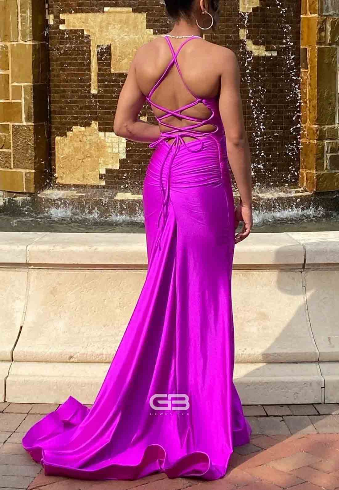 V-neck Purple Lace-up Ruched Mermaid Long Prom Dress