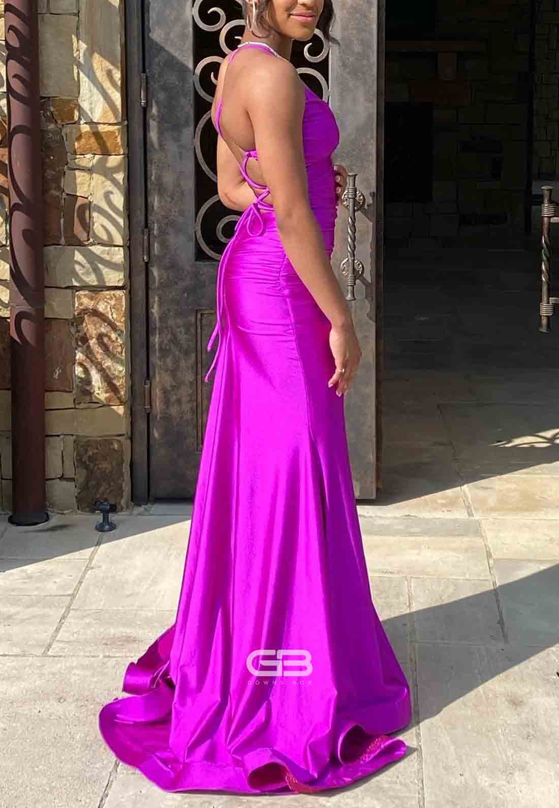 V-neck Purple Lace-up Ruched Mermaid Long Prom Dress