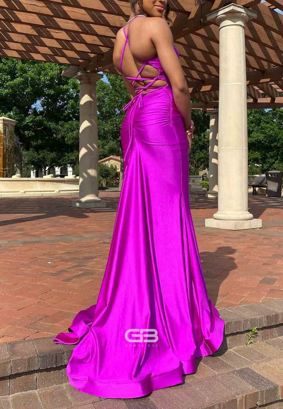 V-neck Purple Lace-up Ruched Mermaid Long Prom Dress