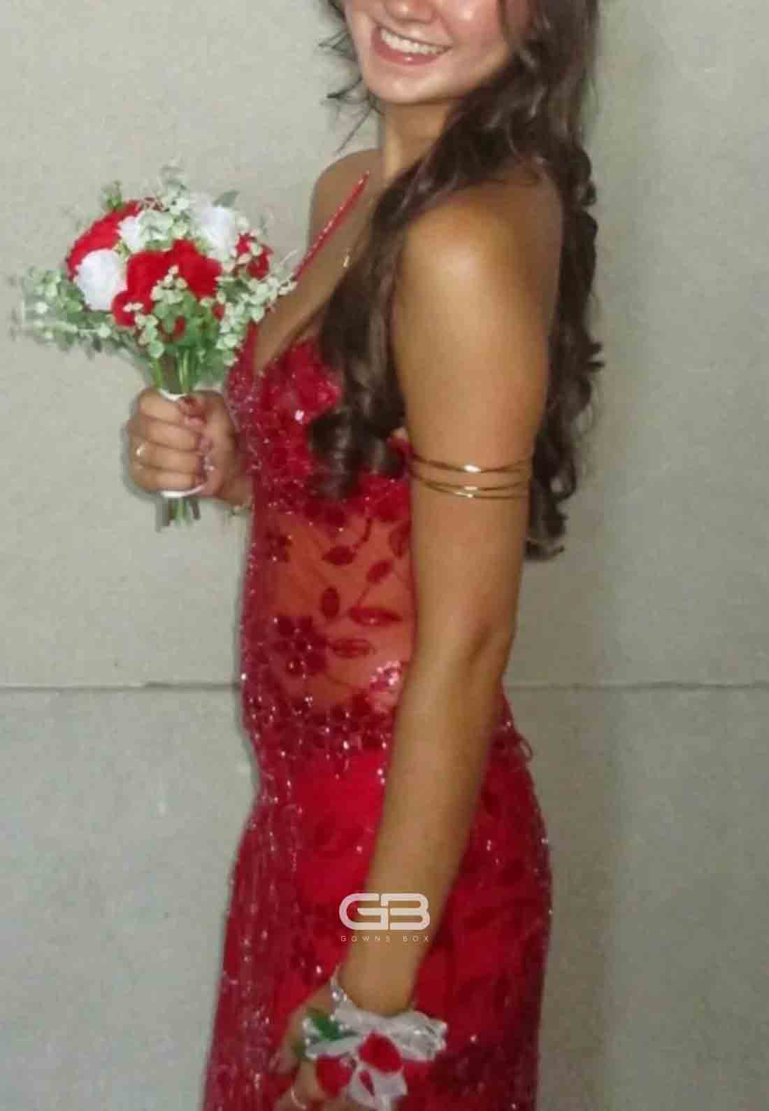 V-neck Red See Through Beaded Layered Long Prom Dress