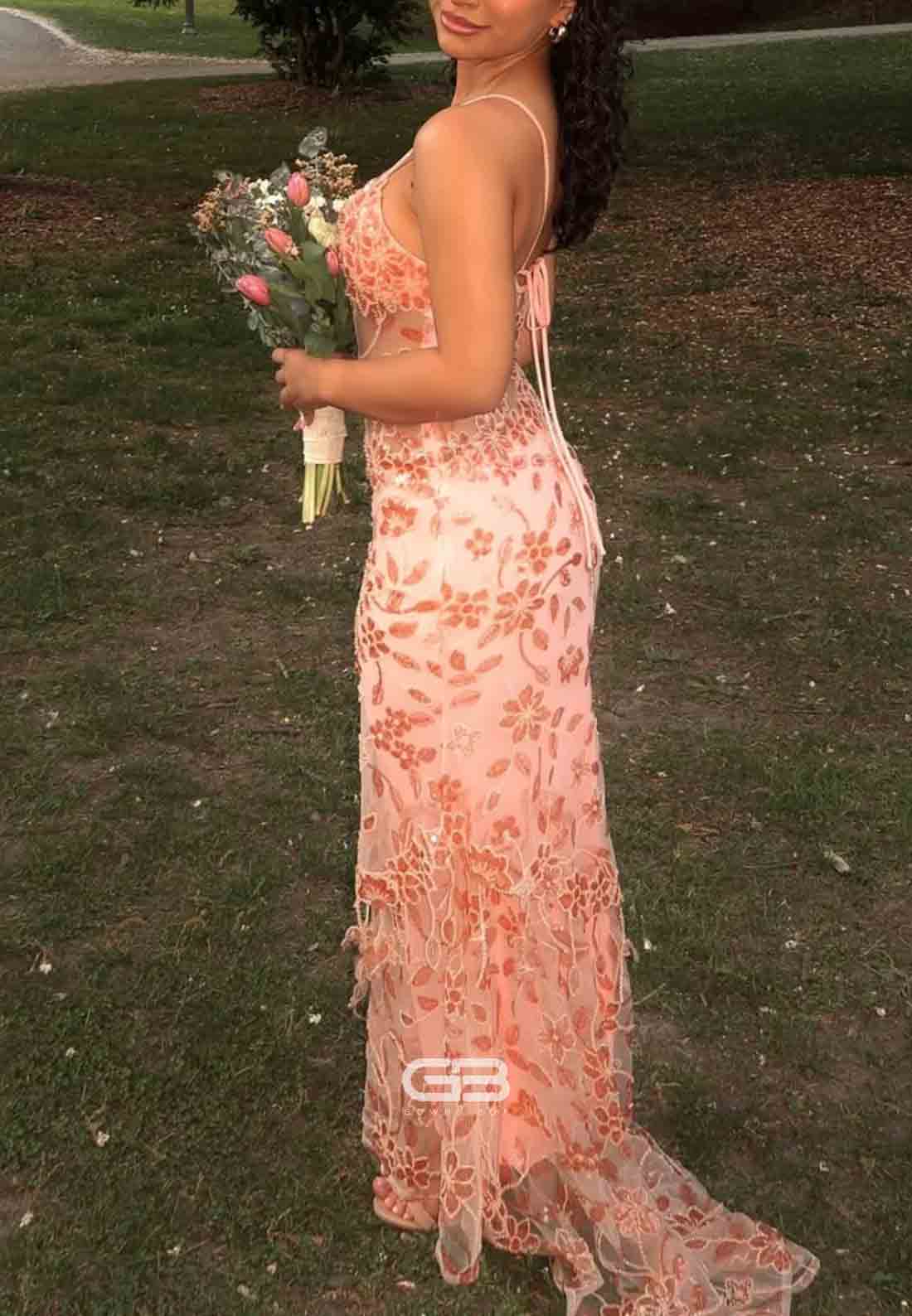 V-neck Red See Through Beaded Layered Long Prom Dress