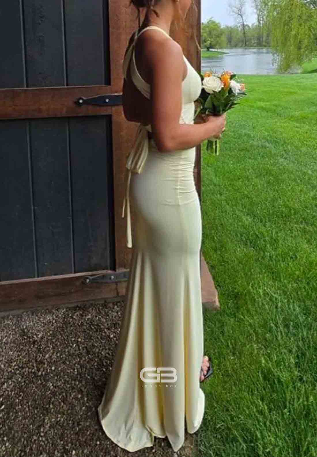 Low V-Neck Yellow Criss-cross Back Mermaid Long Prom Dress