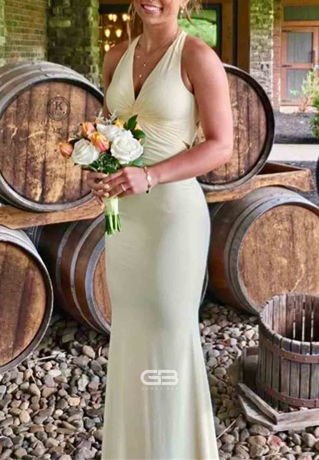 Low V-Neck Yellow Criss-cross Back Mermaid Long Prom Dress