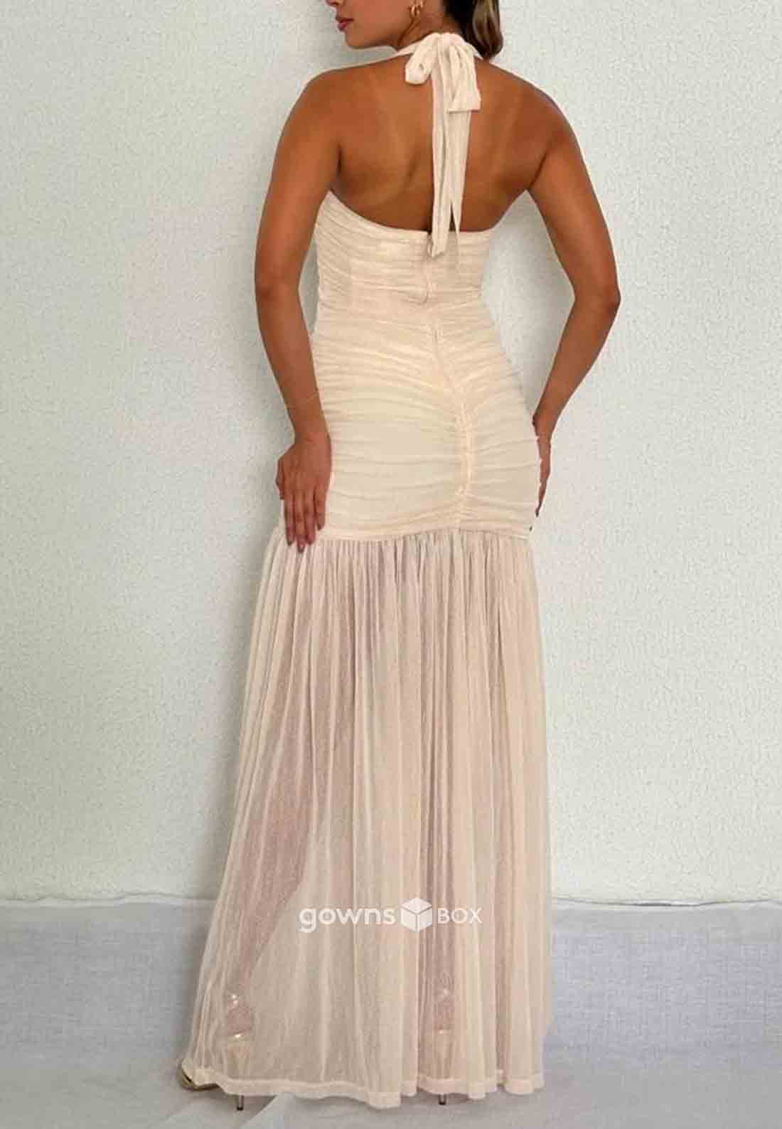 Halter Sleeveless Ruched Side Slit Floor-Length Column Low Back Evening Gowns-GownsBox