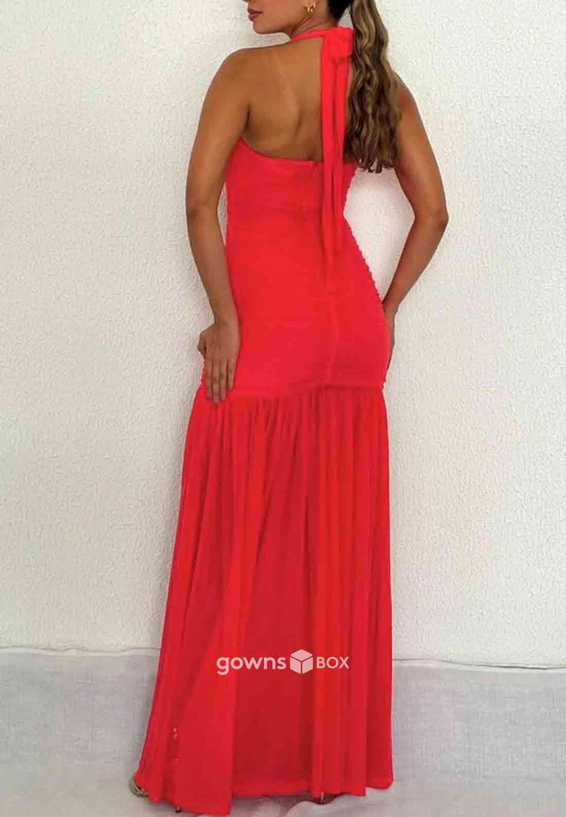 Halter Sleeveless Ruched Side Slit Floor-Length Column Low Back Evening Gowns-GownsBox
