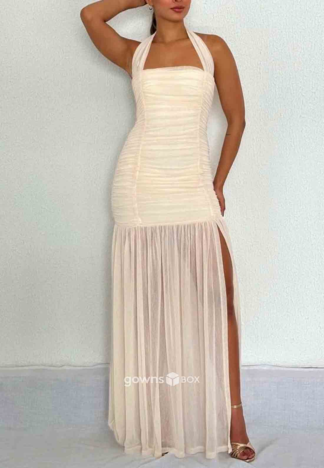 Halter Sleeveless Ruched Side Slit Floor-Length Column Low Back Evening Gowns-GownsBox
