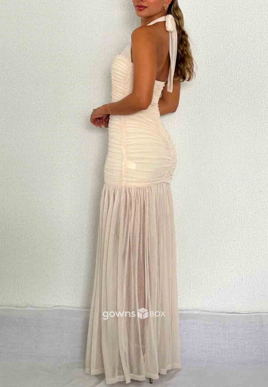 Halter Sleeveless Ruched Side Slit Floor-Length Column Low Back Evening Gowns-GownsBox