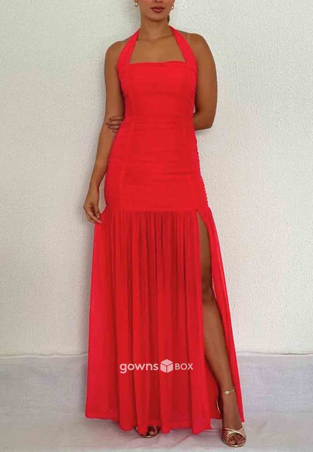 Halter Sleeveless Ruched Side Slit Floor-Length Column Low Back Evening Gowns-GownsBox