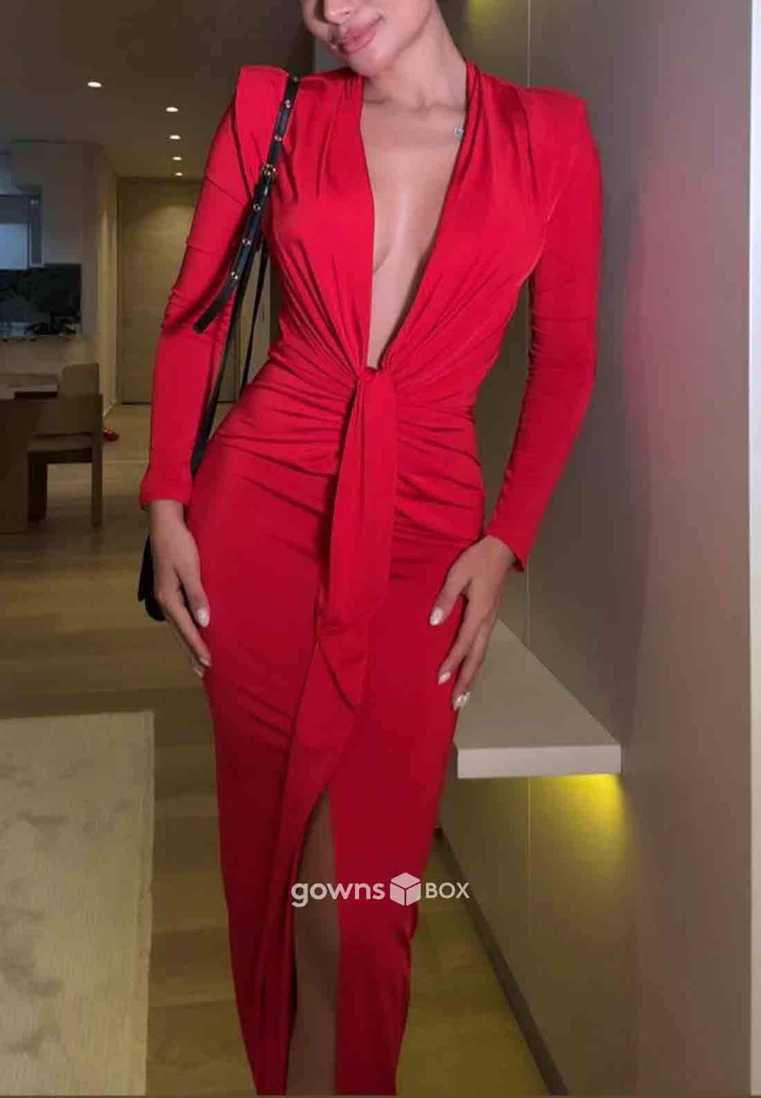 Sheath Low V-Neck Long Sleeves Ankle-Length Side Slit Pleated Evening Gowns-GownsBox