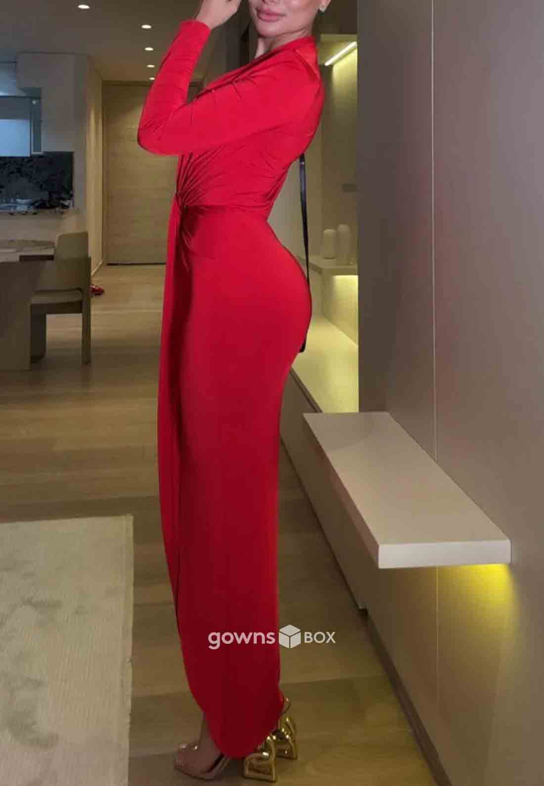 Sheath Low V-Neck Long Sleeves Ankle-Length Side Slit Pleated Evening Gowns-GownsBox