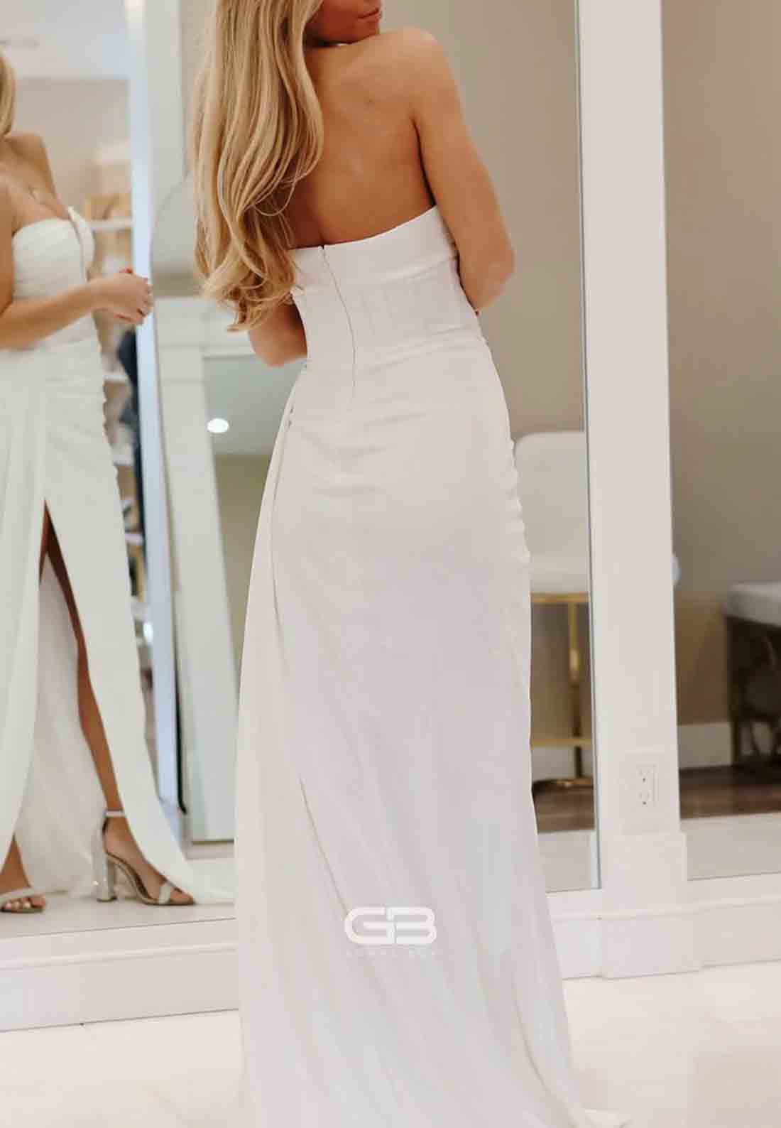 White Strapless Ruched Gown Satin Side Draping Prom Dress with High Slit 