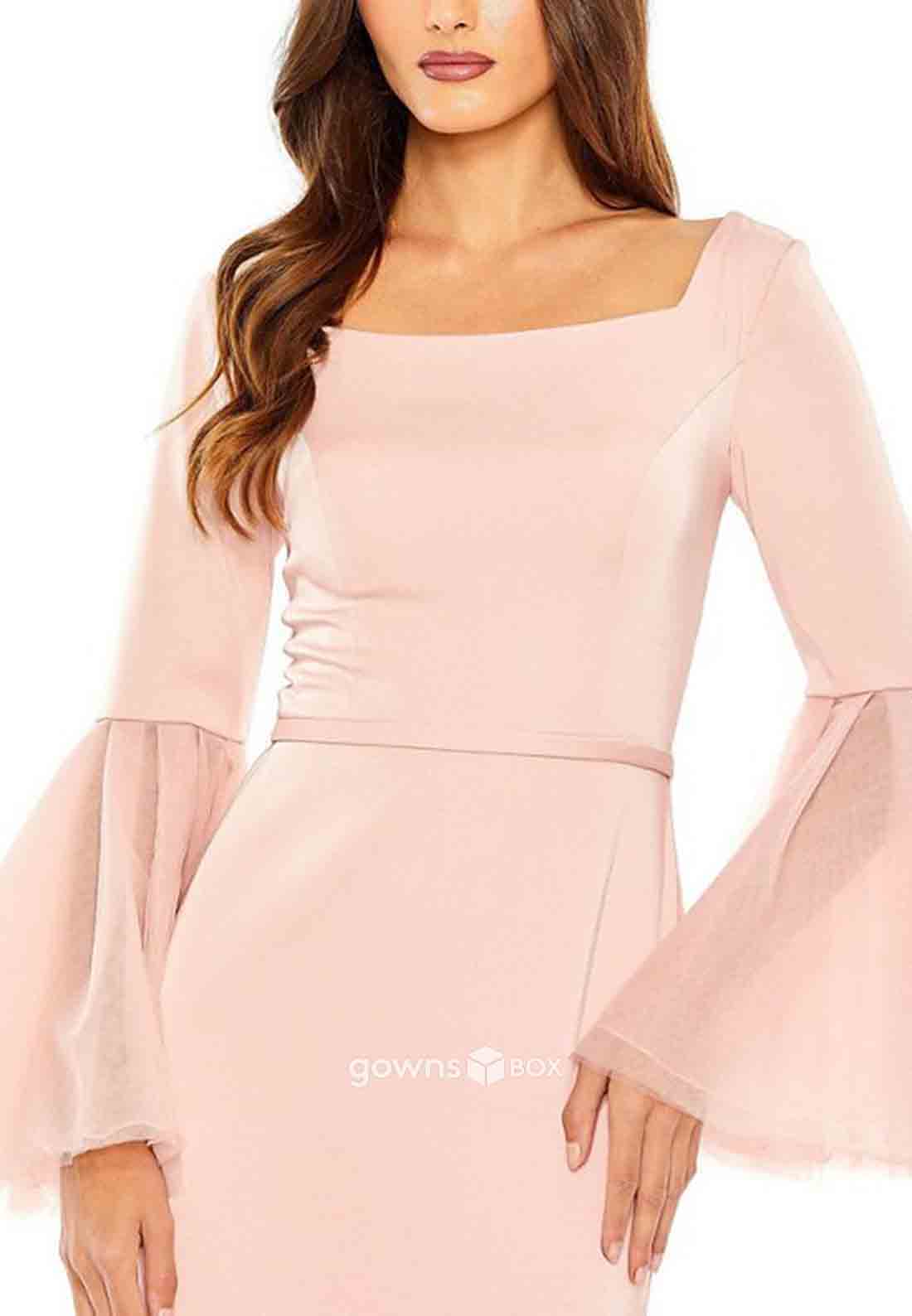 Bell Sleeves With Slit Square Pleated Floor-Length Mother of Bride Dresses-GownsBox