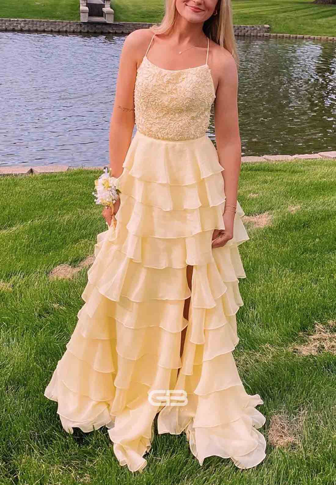 Yellow Appliques Tiered Long Prom Dress with Slit