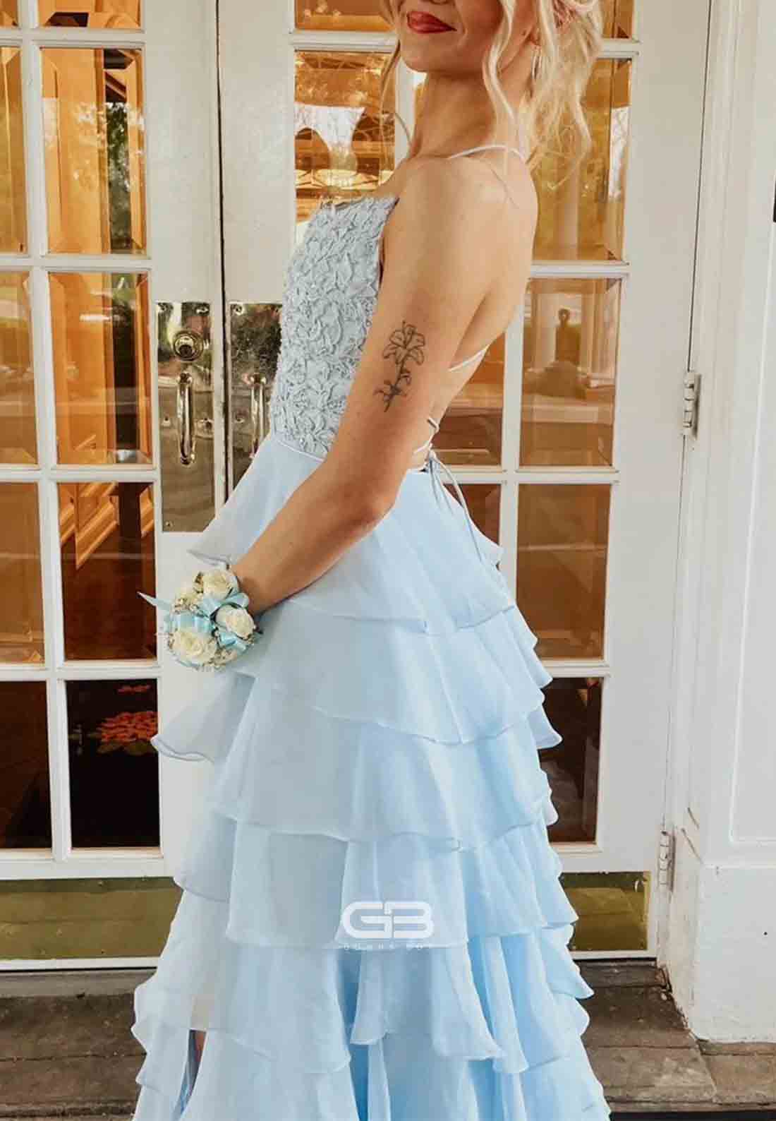 Yellow Appliques Tiered Long Prom Dress with Slit