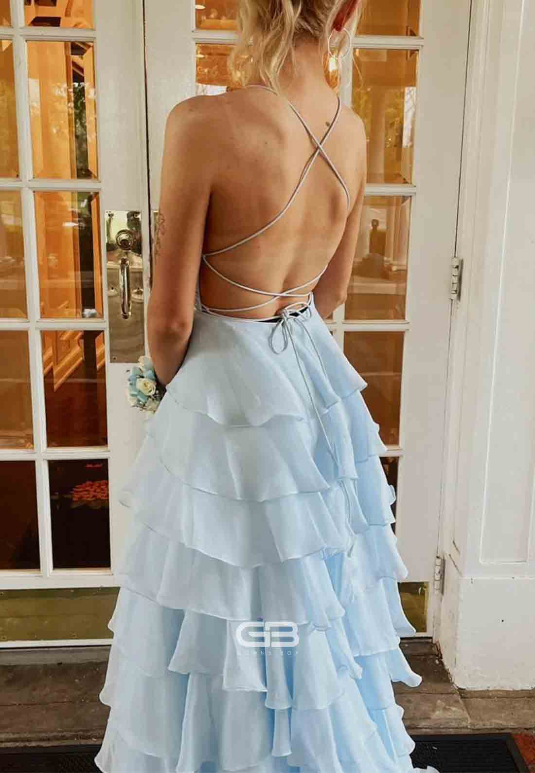 Yellow Appliques Tiered Long Prom Dress with Slit