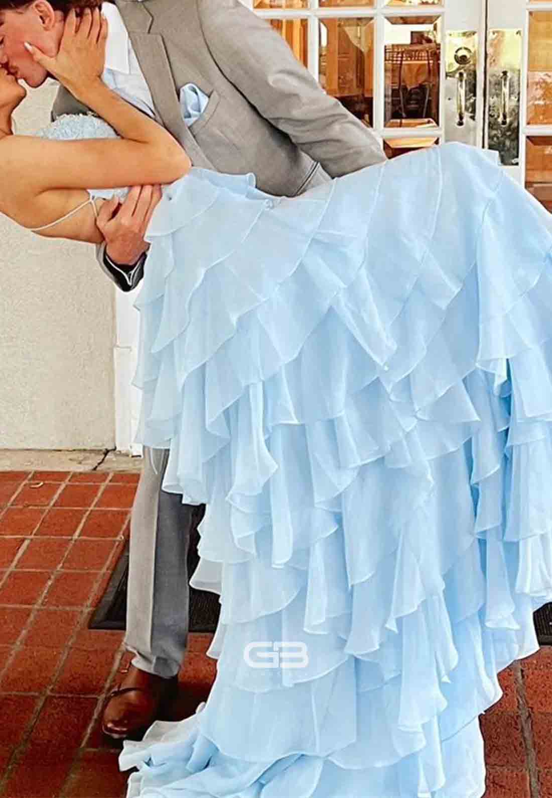 Yellow Appliques Tiered Long Prom Dress with Slit