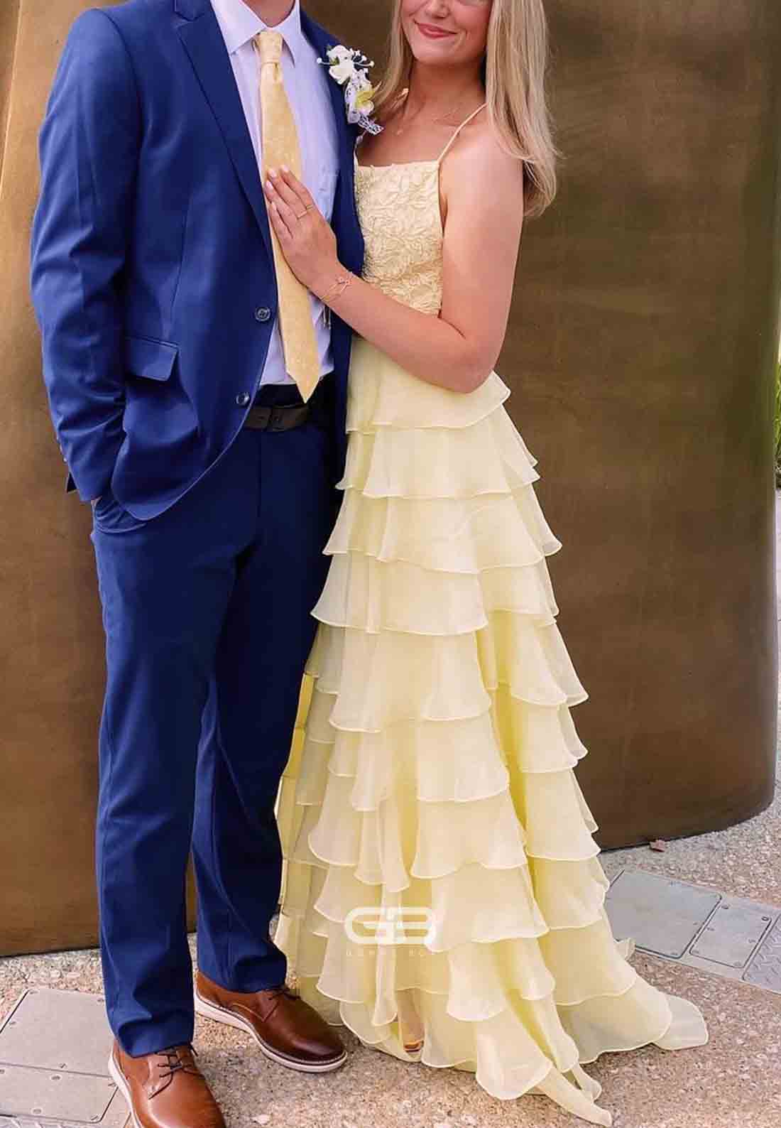 Yellow Appliques Tiered Long Prom Dress with Slit